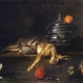 Un chat guettant une perdrix et un lièvre morts en 1729