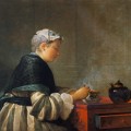 Une dame qui prend du thé en 1735