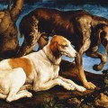 Deux chiens de chasse liés à une souche en 1548