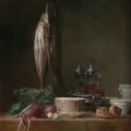 Poisson, Légumes, Gougères, Pots, et Cruets sur une Table en 1769